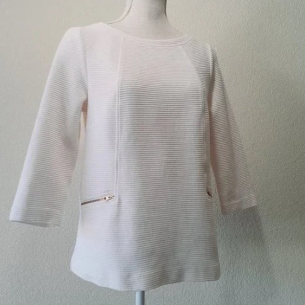 Boden - Ottoman Ribbed Pullover 3/4 Sleeve w/ Zippers | Size 10 | White